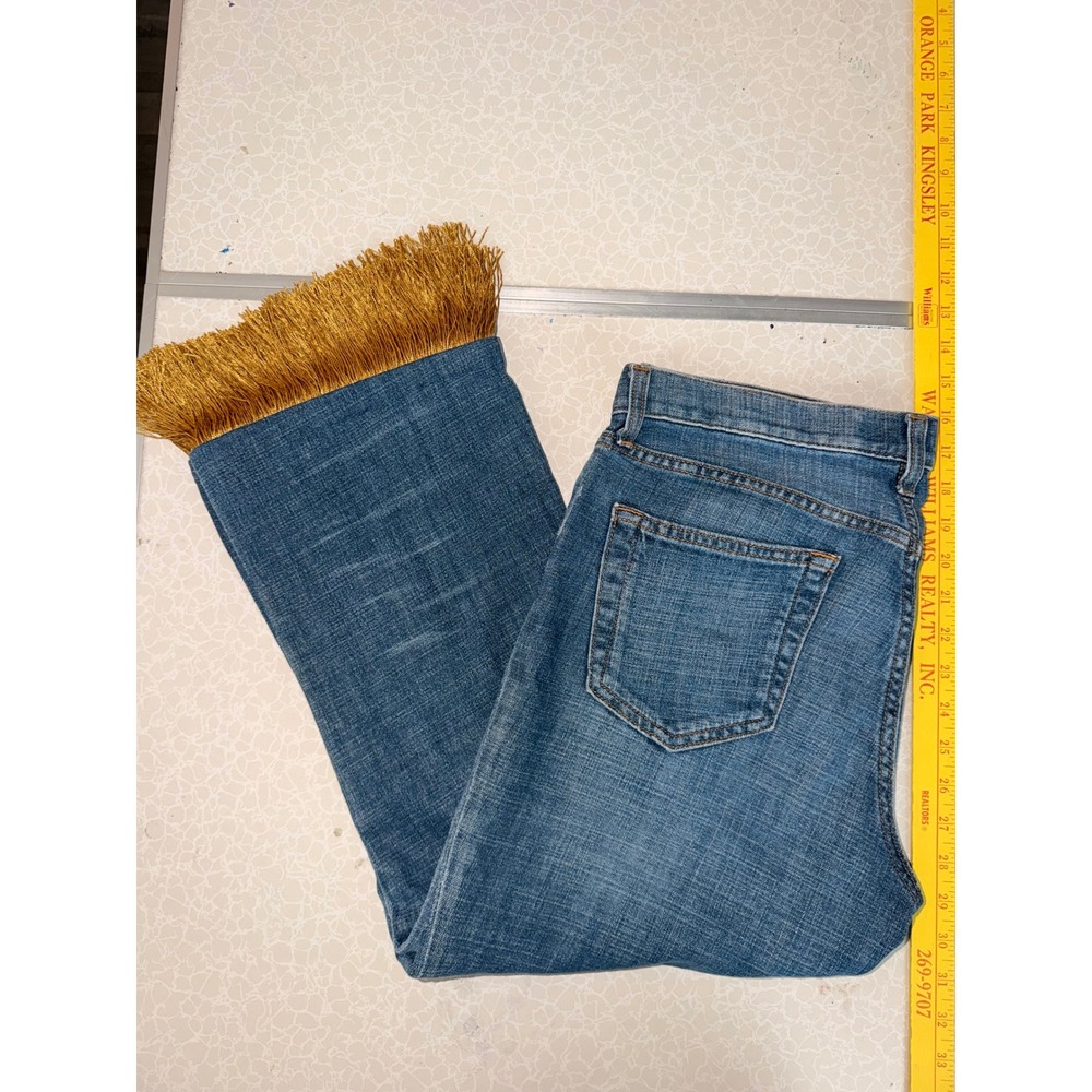Gap Long and Lean Stretch Flare Jeans Blue Denim Gold Fringe‎ Hem Womens 10 Long